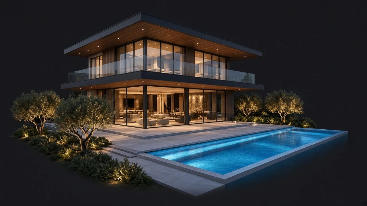 Completed Bizora villa lit at dusk with a glowing infinity pool