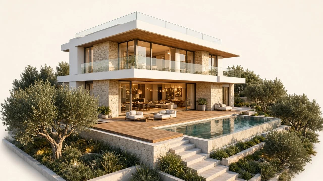 Completed Bizora villa with timber soffits, stone piers and infinity pool in golden-hour light